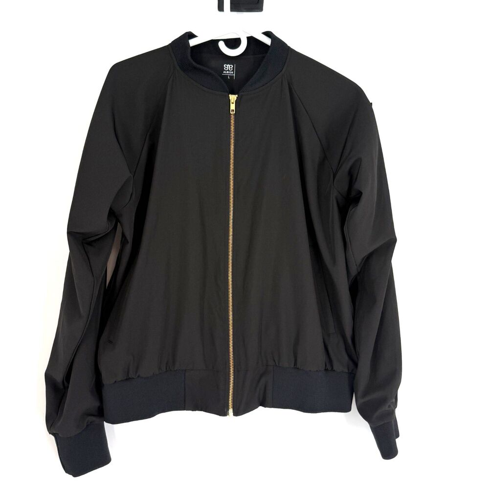 Albion Fit Classic Black Bomber Jacket Gold Zip Moto Punk Workout Run Size L